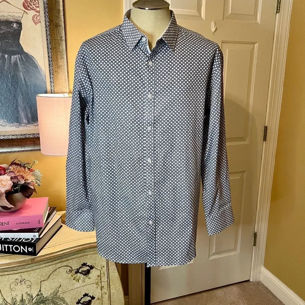 NWOT Men's English Laundry Navy White Patterned Button Front Shirt Size XL